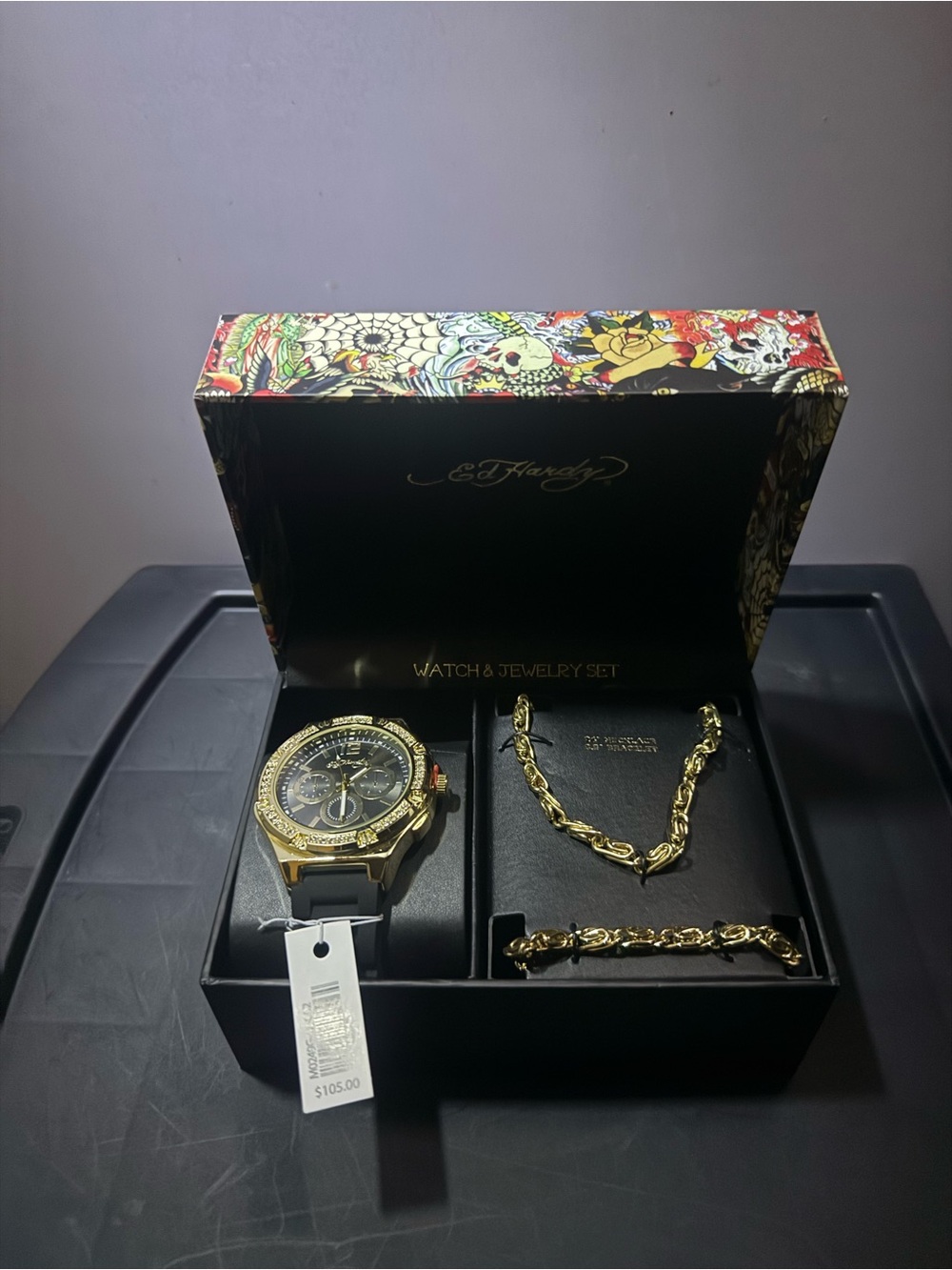 Ed Hardy Gold-Tone Watch and Chain Jewelry Set